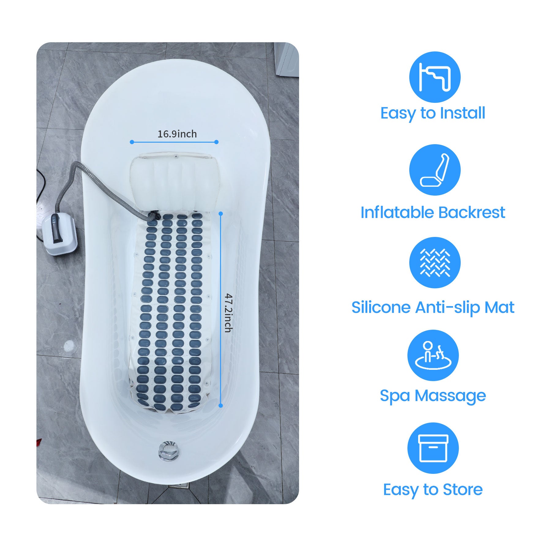 Jacuzzi Mat, Bathtub Spa Massage Mat, Portable Spa Bubble Bath Massager, Full Body Massager with Suction Cup Bottom Adjustable Bubble Bath Heat Massager with Remote Control and Pillow