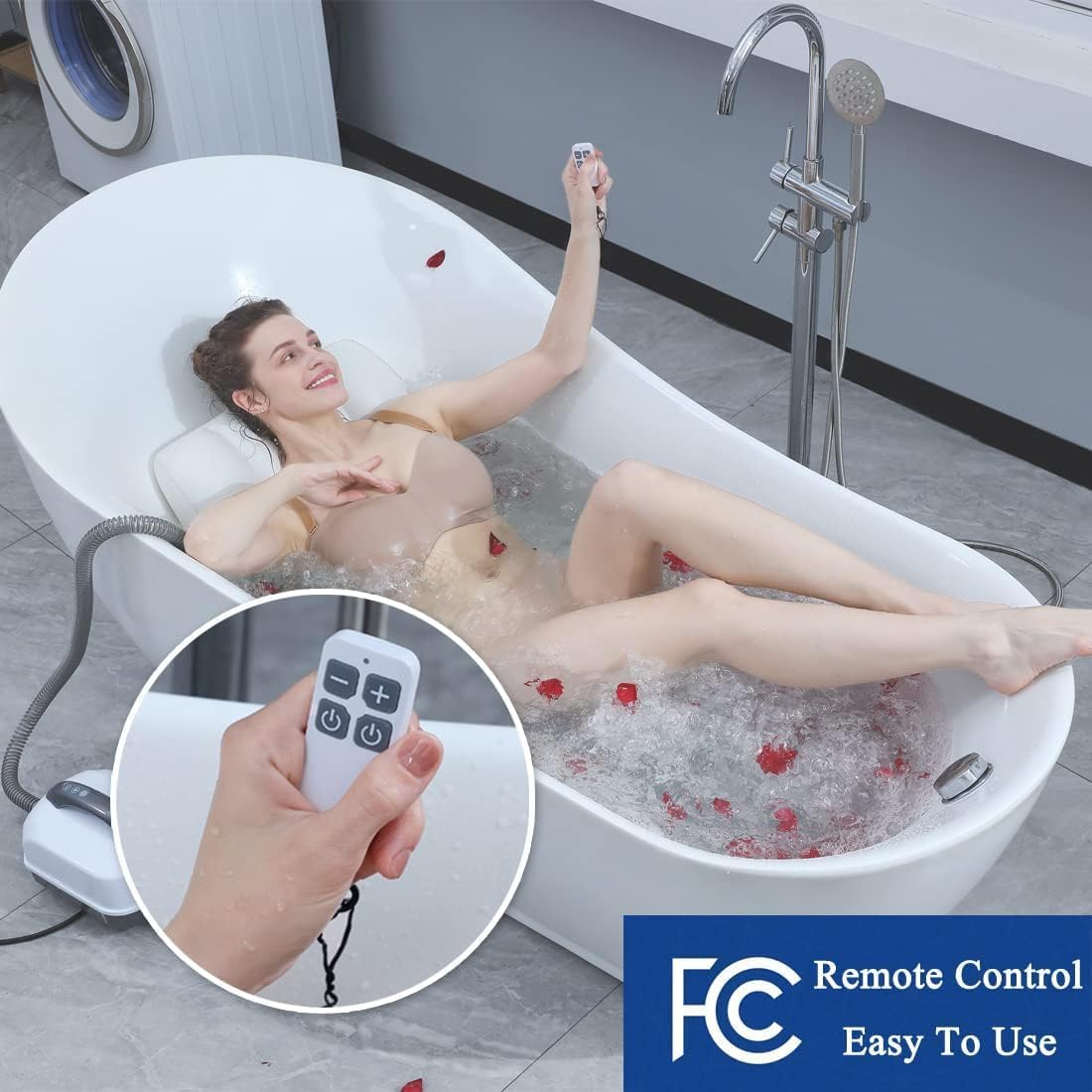 Jacuzzi Mat, Bathtub Spa Massage Mat, Portable Spa Bubble Bath Massager, Full Body Massager with Suction Cup Bottom Adjustable Bubble Bath Heat Massager with Remote Control and Pillow