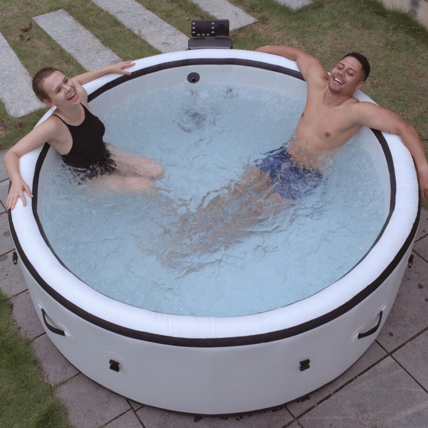 Halrove inflatable ice bath tub in backyard for ultimate outdoor relaxation and rejuvenation.