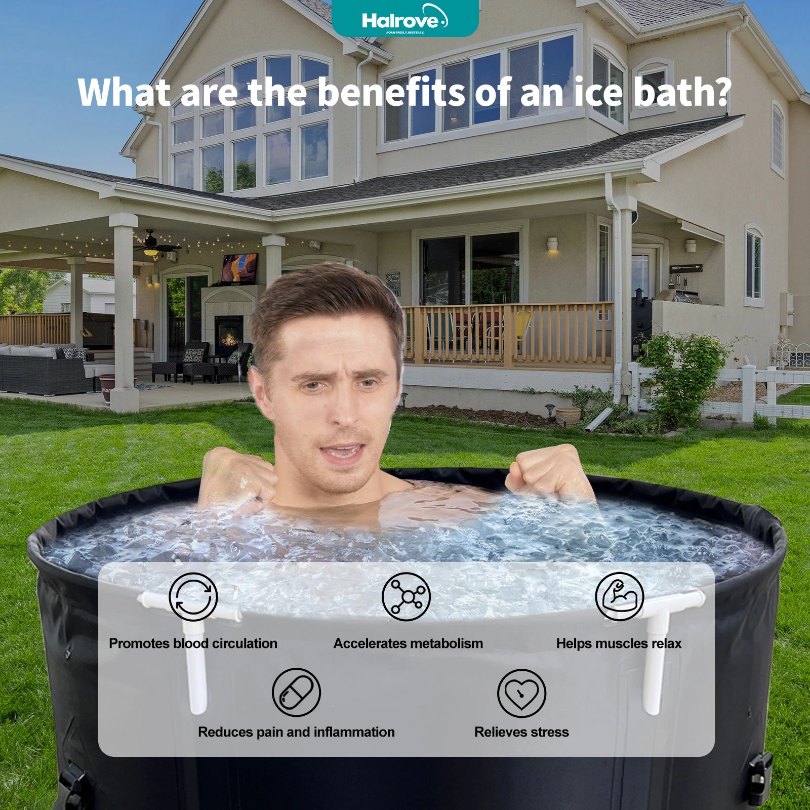 Ice bath benefits include improved blood circulation, muscle relaxation, and pain relief with Halrove portable cold plunge tub.