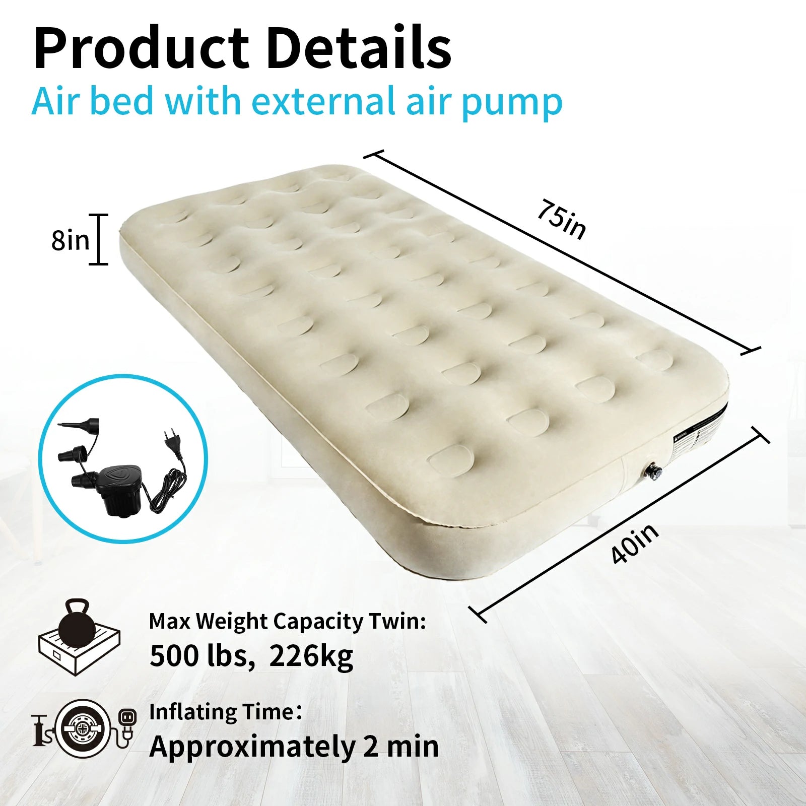 Product details and specifications of air mattress.