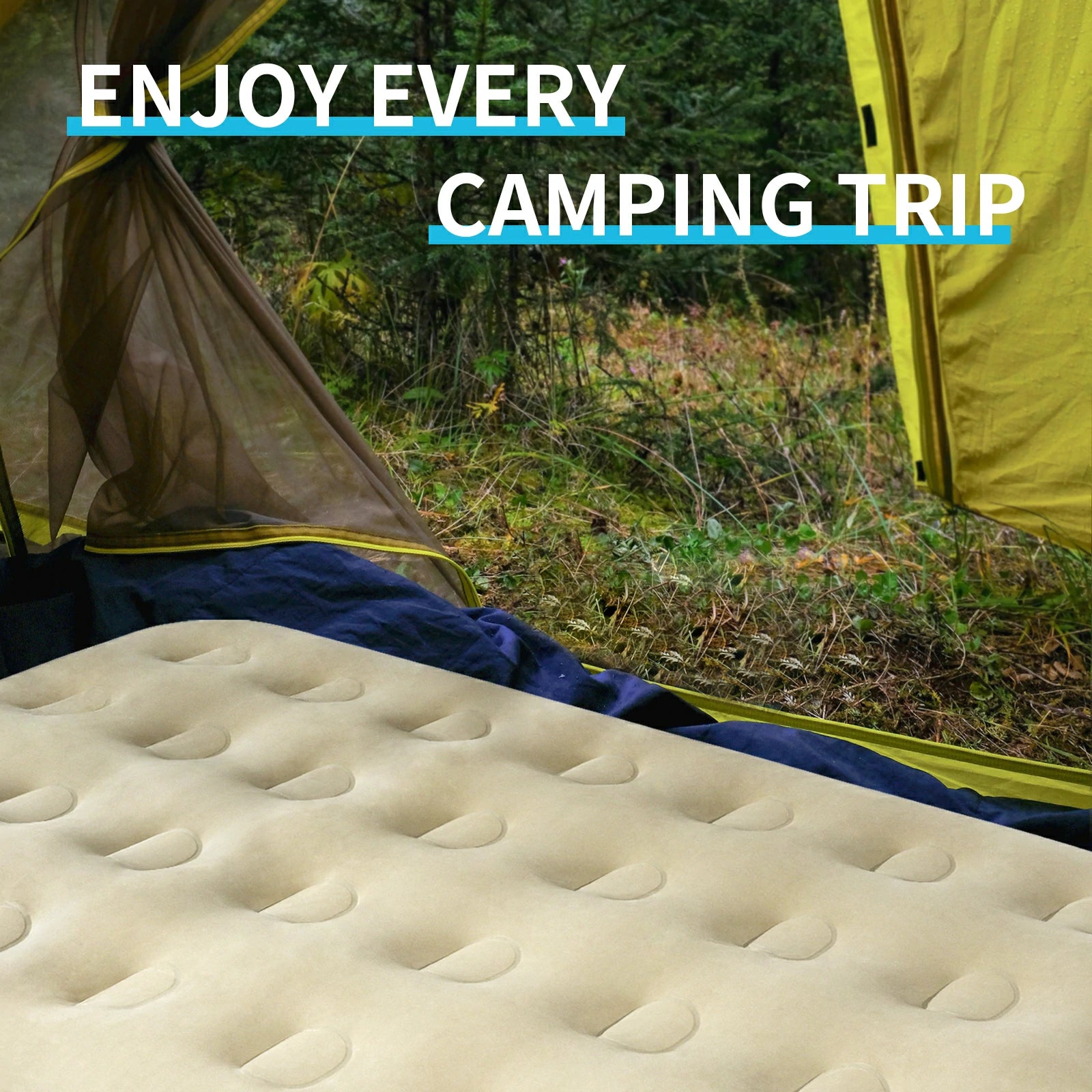 Comfortable air mattress inside camping tent.