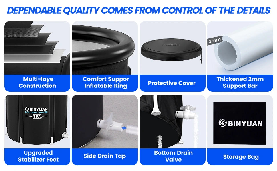 High-quality ice bath tub with multi-layer construction, comfort support ring, protective cover, thickened support bar, stabilizer feet, side drain tap, bottom drain valve, and storage bag.