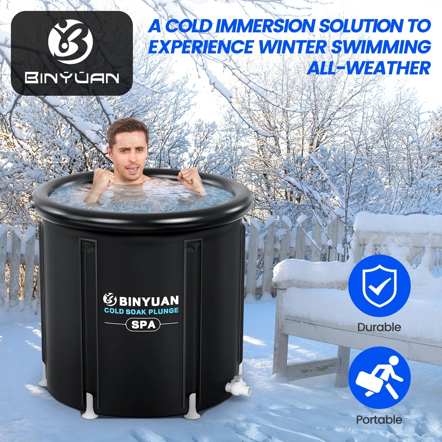 Durable and portable cold plunge tub for all-weather use, providing a winter swimming experience. Ideal for muscle recovery and cold water therapy.