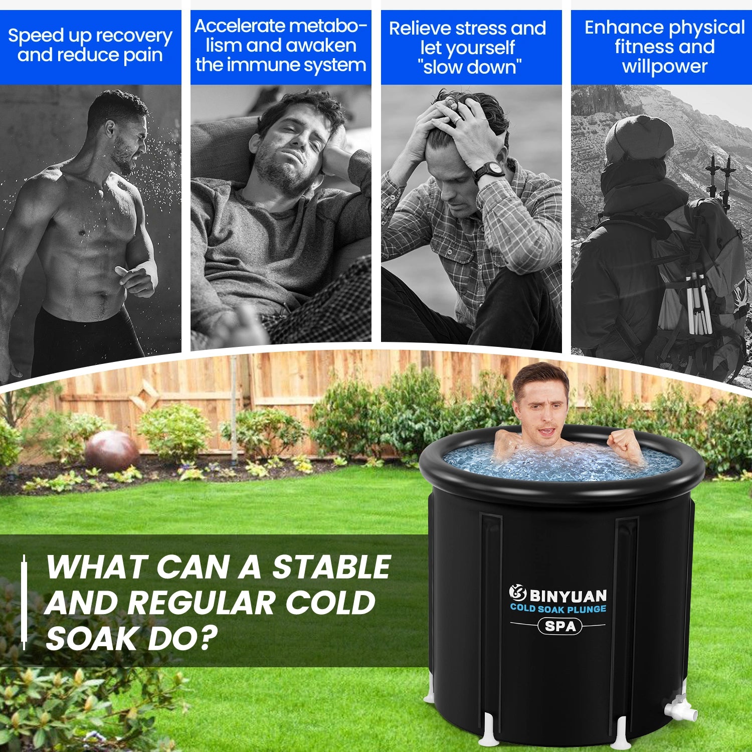 Cold plunge tub benefits including muscle recovery, boosted metabolism, stress relief, and improved physical fitness.