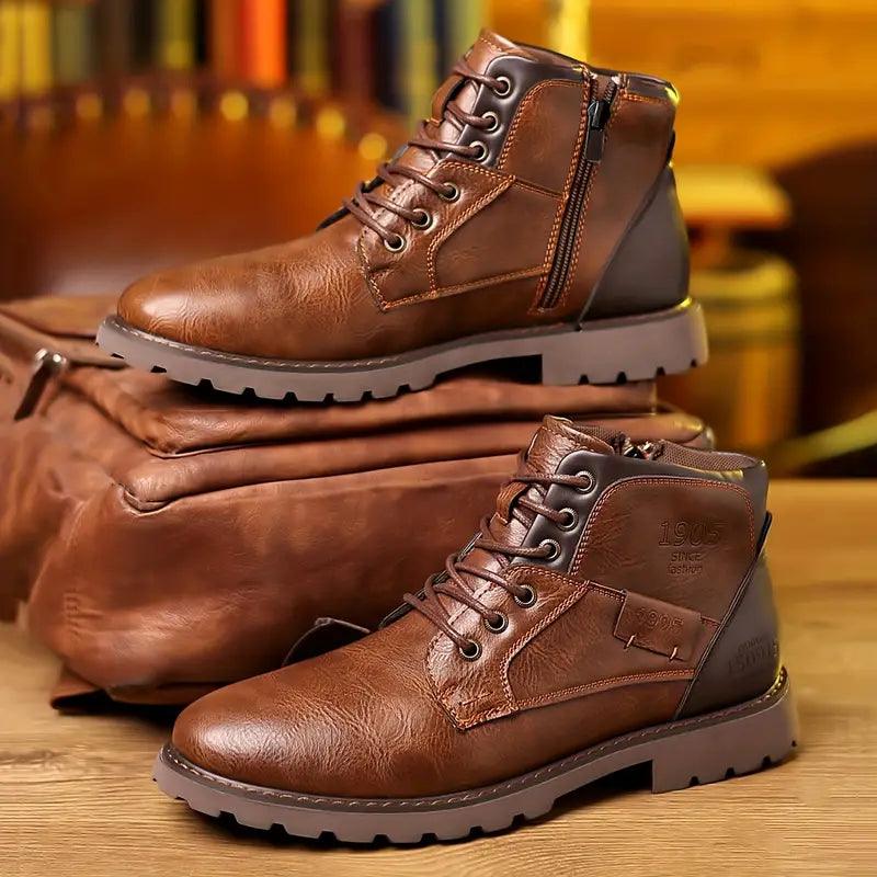 Men's Ankle Boots with Side Zipper and Lace-Up Closure