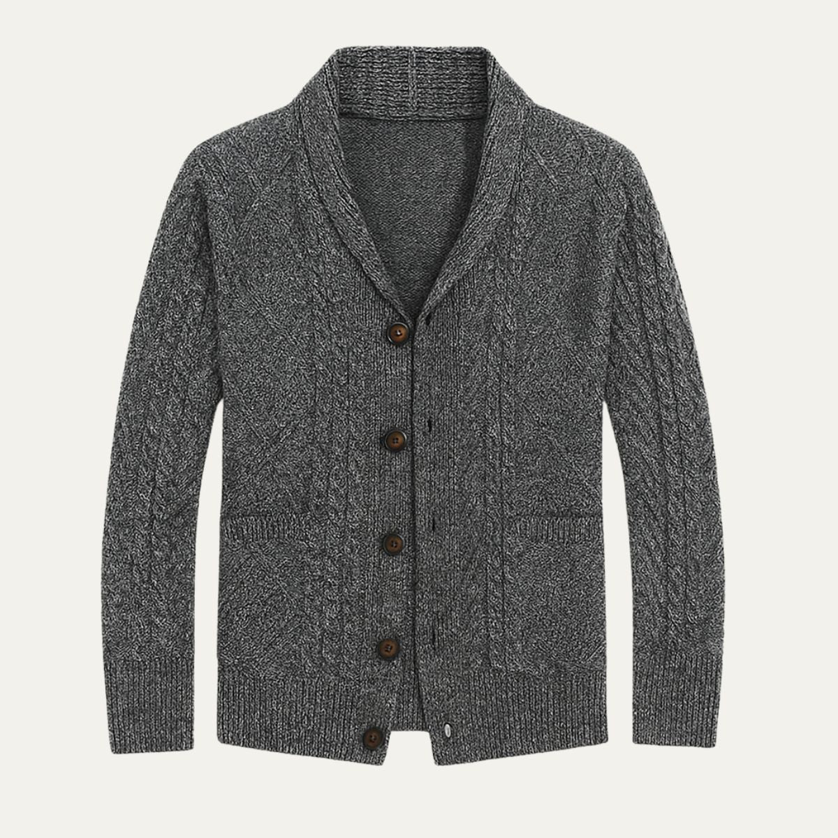 Men's Cable Knit Cardigan with Shawl Collar and Button Front
