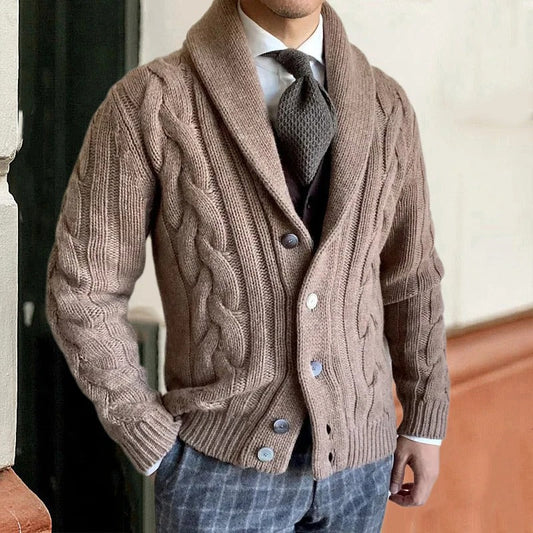 Men's Cardigan with Shawl Collar and Cable Pattern Long Sleeve Button Closure