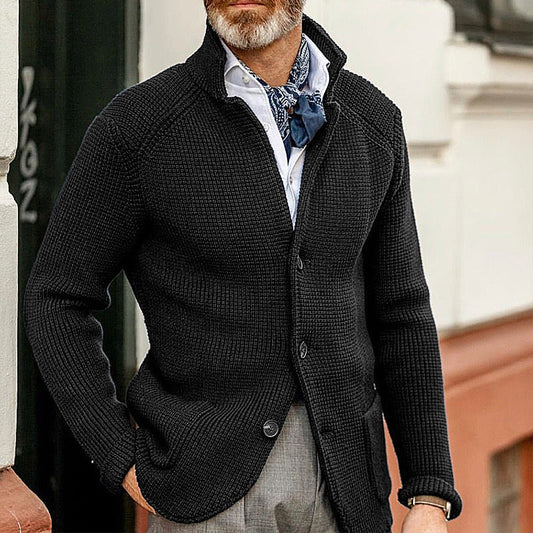 Men's Cardigan with Stand Collar and Button Closure Long Sleeve