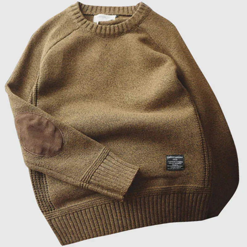 Men's Crew Neck Sweater with Elbow Patches and Ribbed Trim