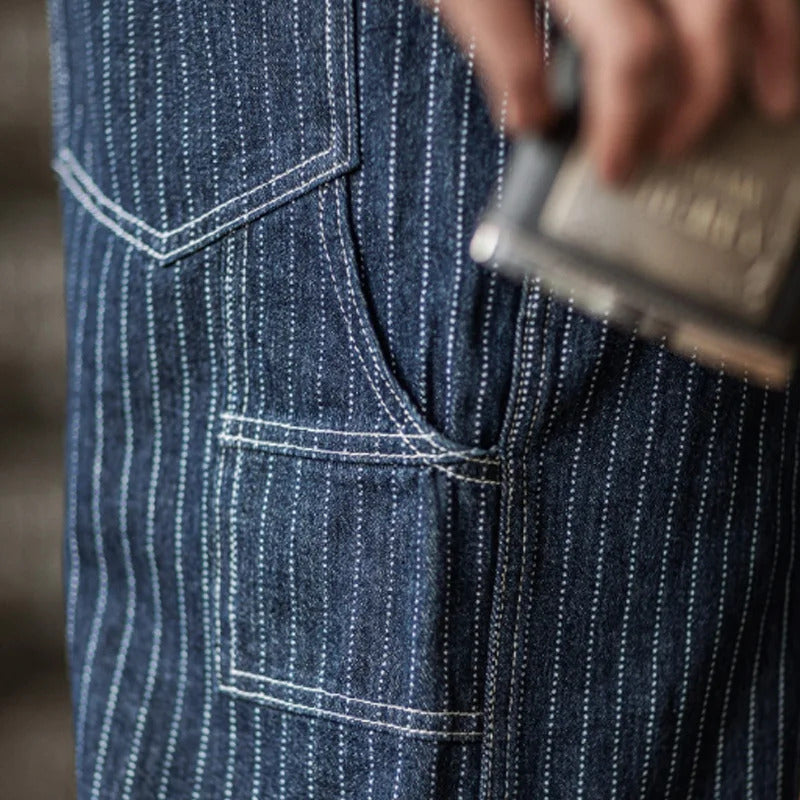 Men's Denim Bib Overalls Vintage Workwear with Wide Leg and Contrast Stitching