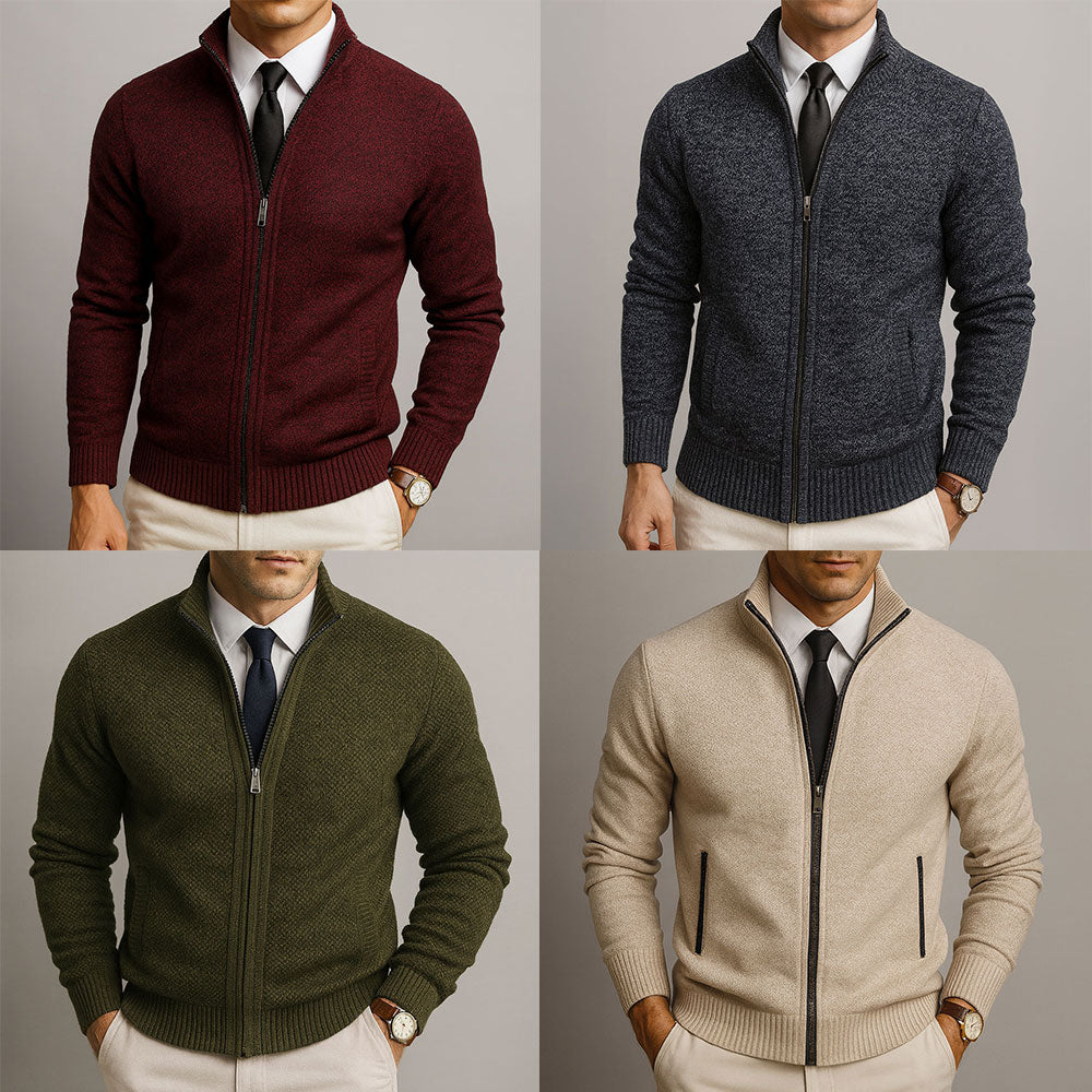 Men's Full-Zip Cardigan with Stand Collar and Long Sleeves