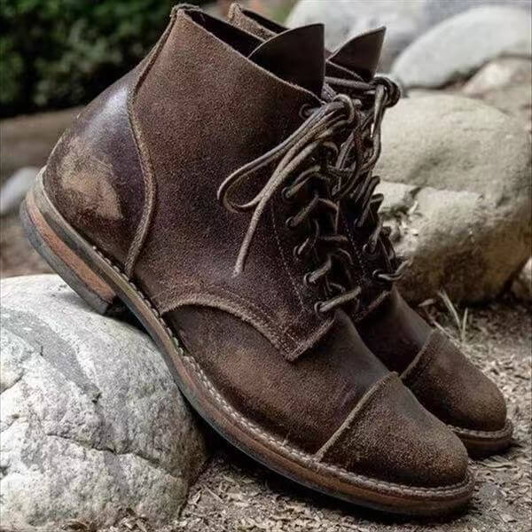 Men's Lace-Up Ankle Boots with Cap-Toe and Vintage Finish