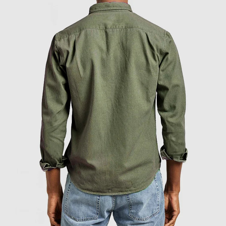Men's Long Sleeve Button-Down Shirt with Chest Pocket and Spread Collar