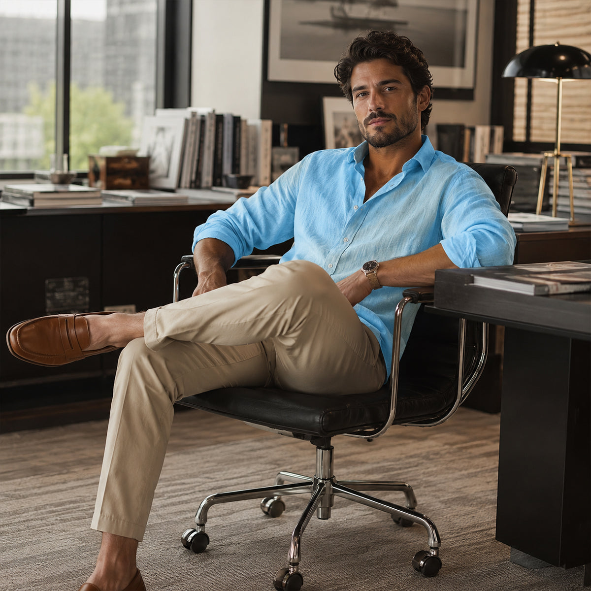 Men's Long Sleeve Shirt with Spread Collar and Button Front