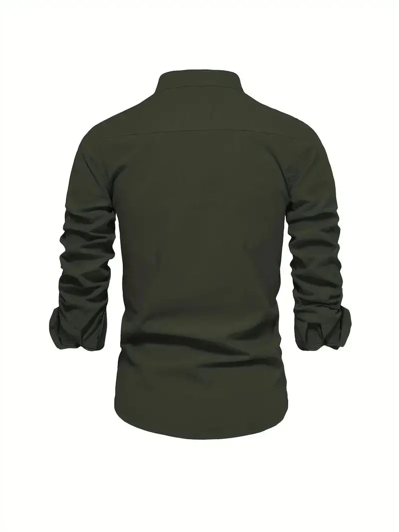 Men's Long Sleeve Shirt with Stand Collar and Button Front