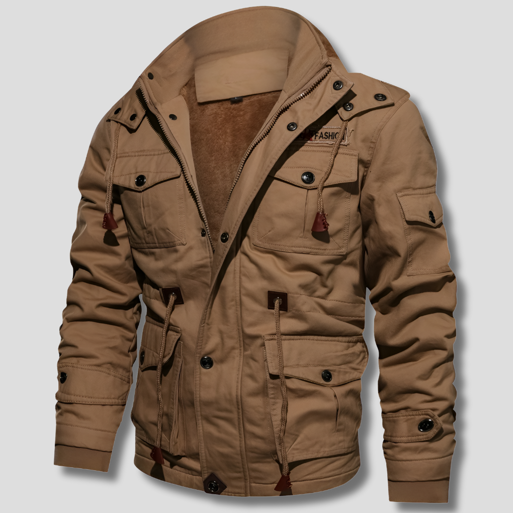 Men's Military Cargo Winter Jacket with Hood and Multi-Pocket Design