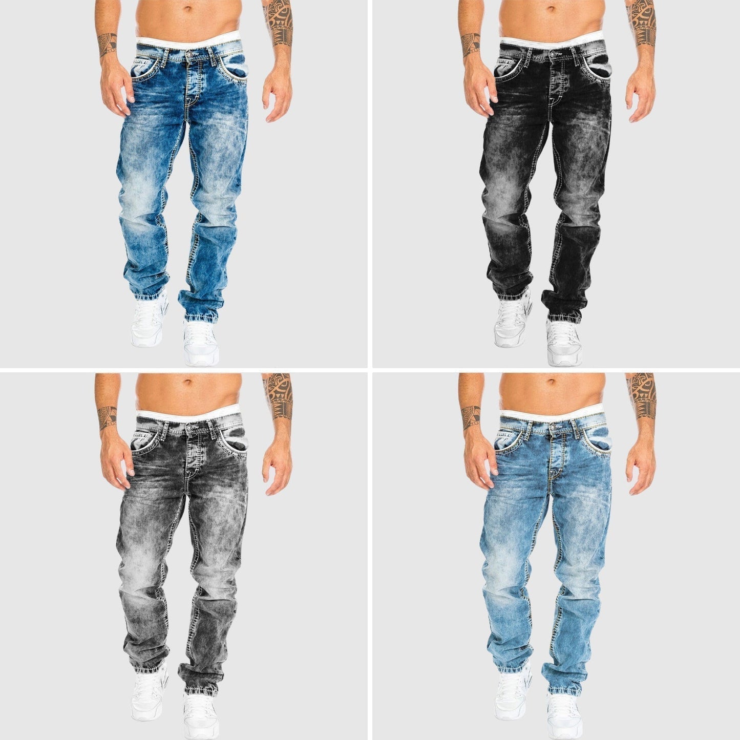Men's Relaxed Fit Jeans with Acid Wash and Contrast Stitching