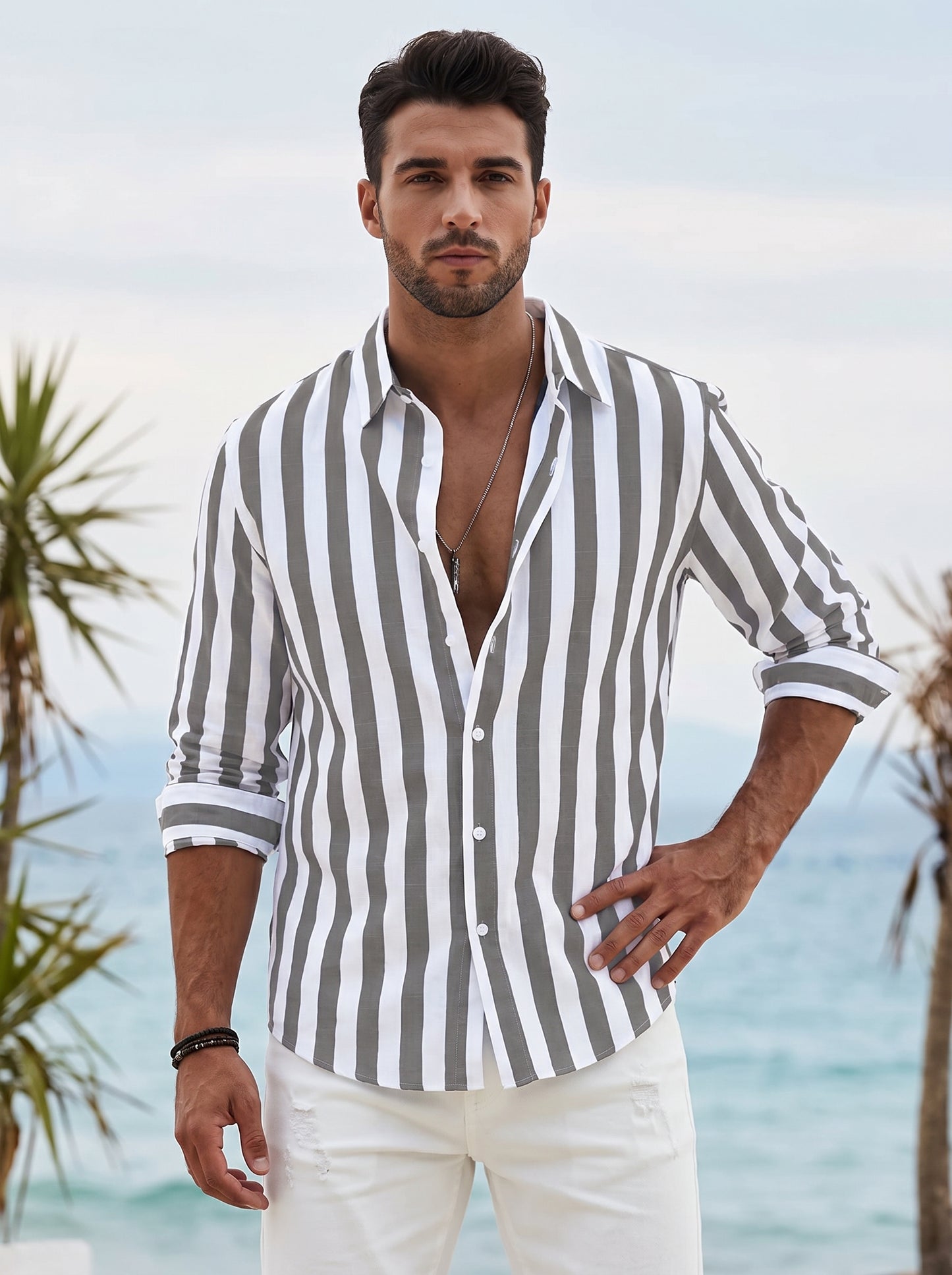 Men's Striped Shirt Long Sleeve with Spread Collar