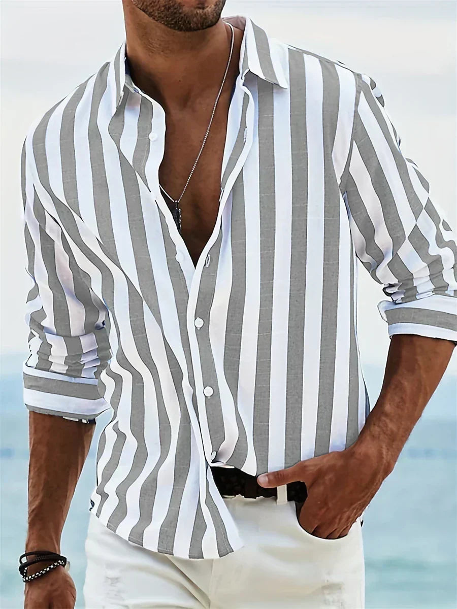 Men's Striped Shirt Long Sleeve with Spread Collar and Relaxed Fit