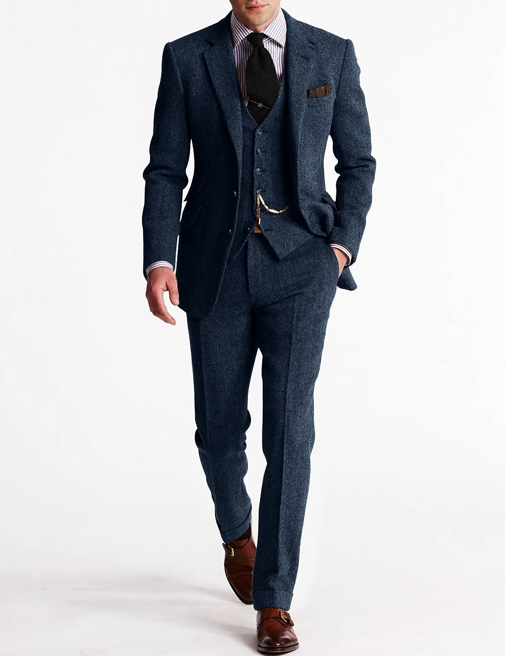 Men's Three-Piece Suit with Herringbone Pattern and Slim Fit