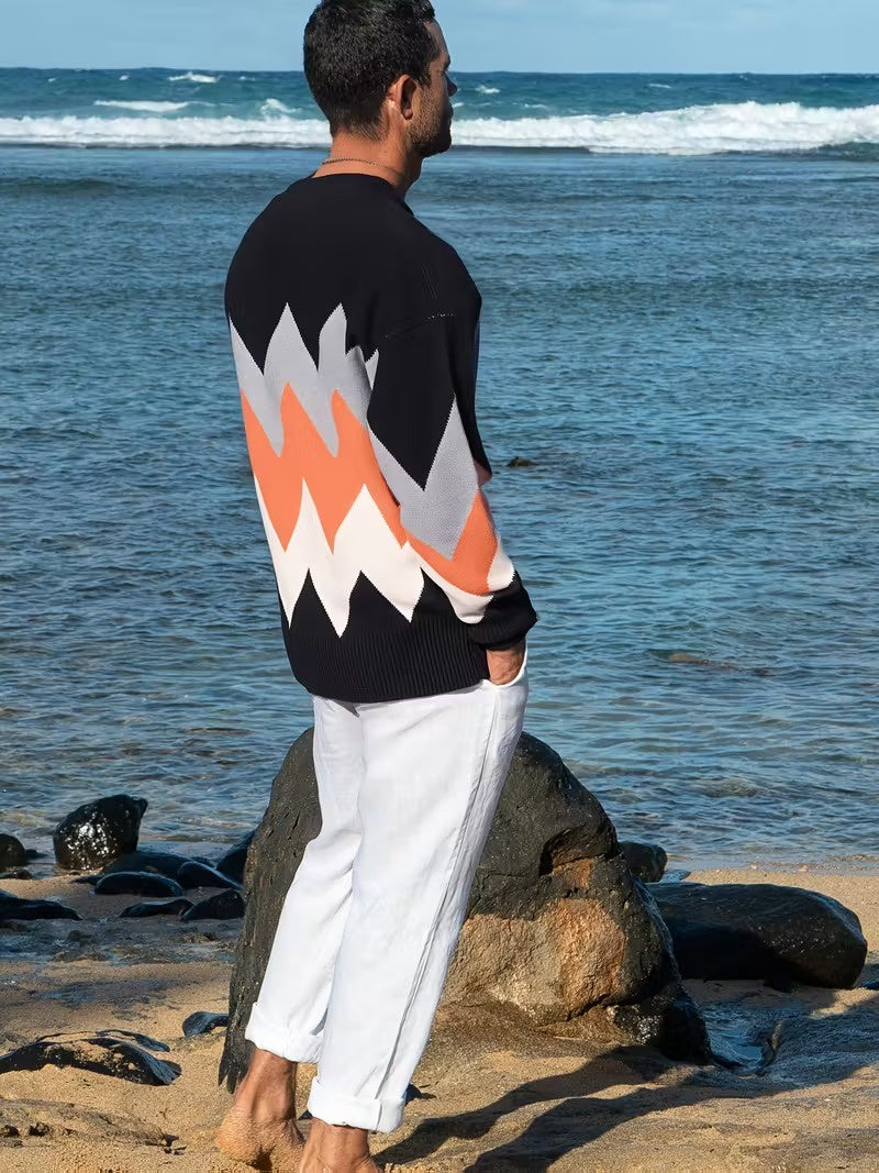 Men's V-Neck Cardigan with Zigzag Knit Pattern
