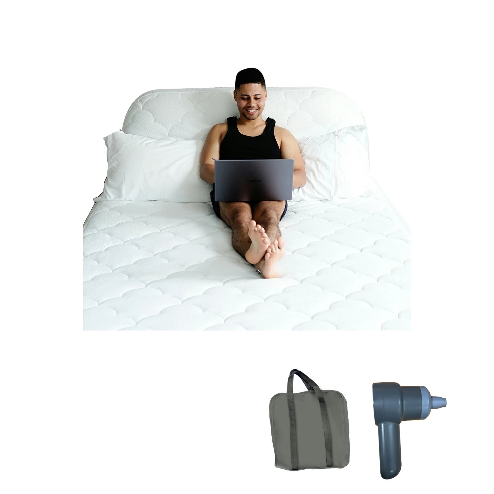 Man relaxing on a comfortable and supportive air mattress with built-in pump, designed for easy setup and storage. This inflatable mattress is perfect for camping, guests, or as a blow up bed for home use.