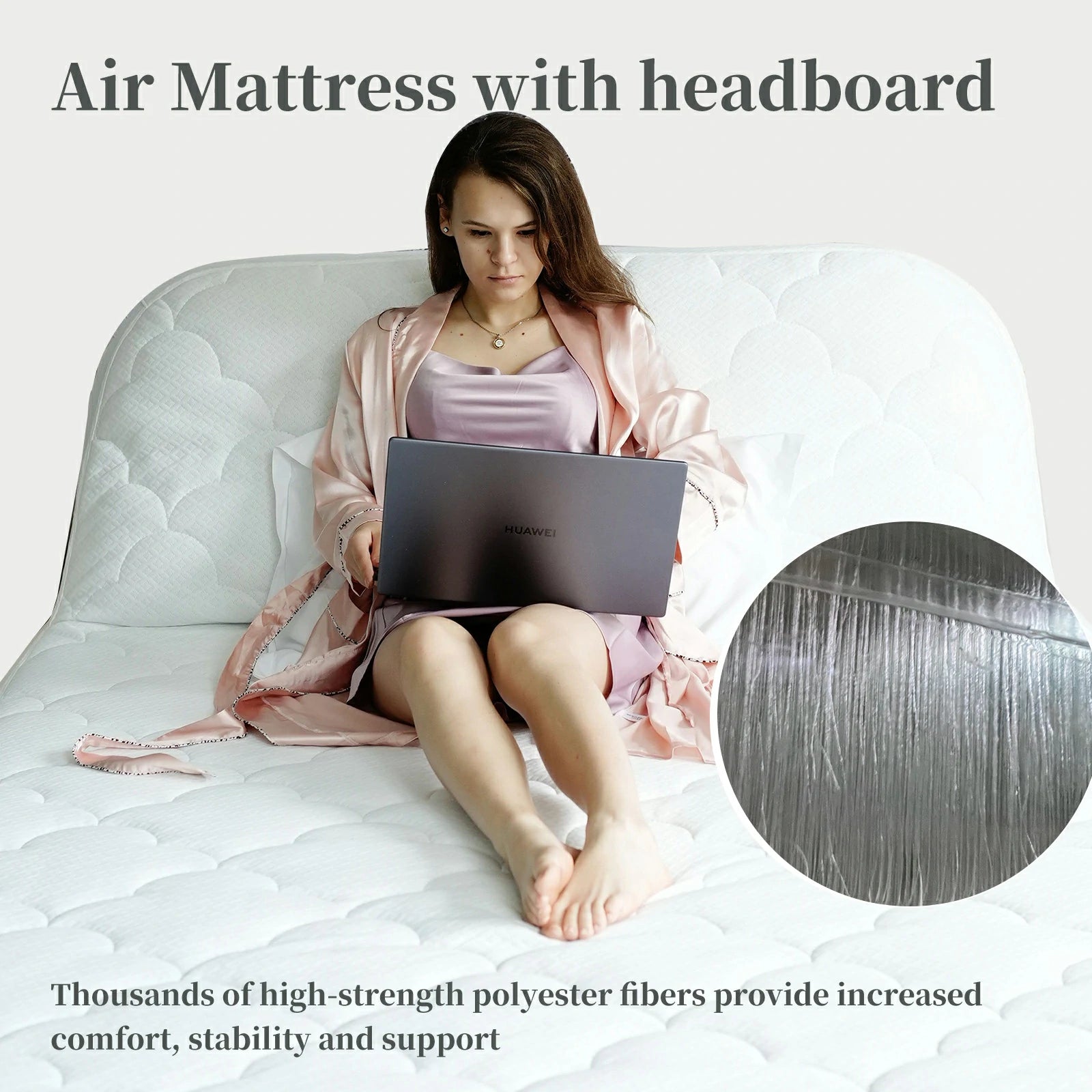 Woman sitting on a comfortable inflatable air mattress with headboard, ideal for support and stability, featuring high-strength polyester fibers. Perfect for camping or as a blow up bed for guests.