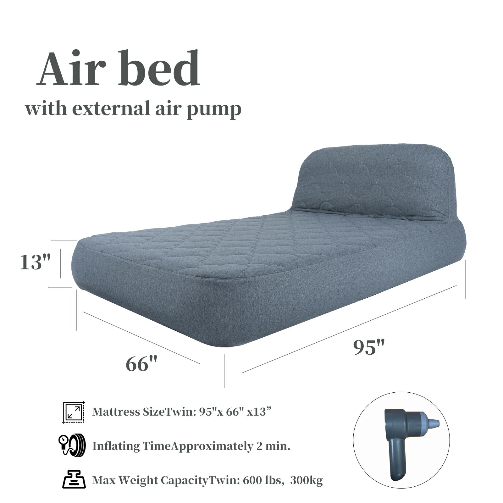 Dimensions of the Halrove Queen Size Inflatable Mattress - 95 inches by 66 inches by 13 inches, with an external air pump and a maximum weight capacity of 600 lbs.