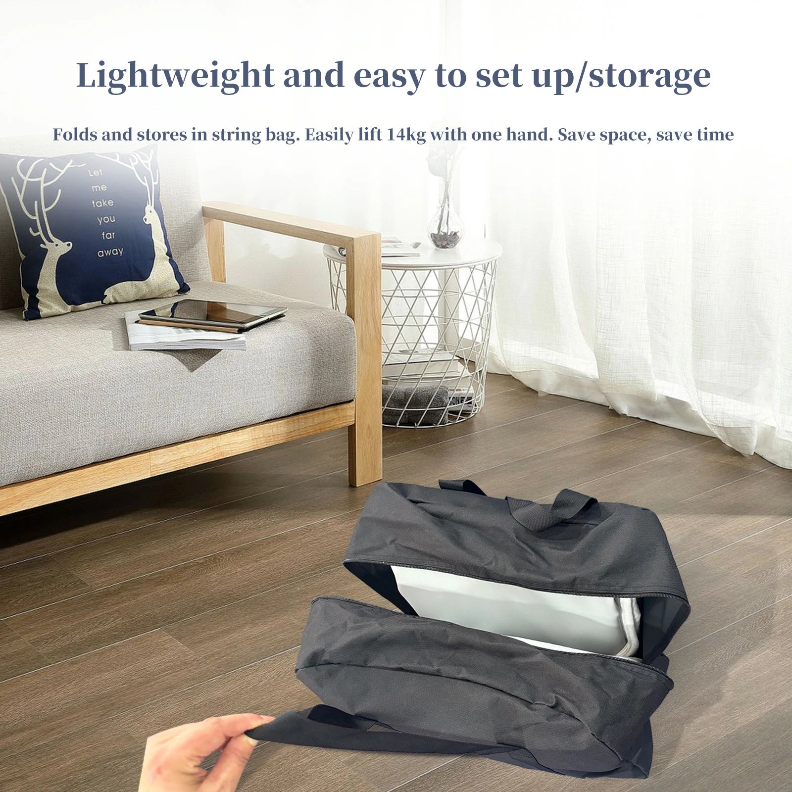 Lightweight and easy-to-store Halrove inflatable mattress, shown folded and stored in a string bag.