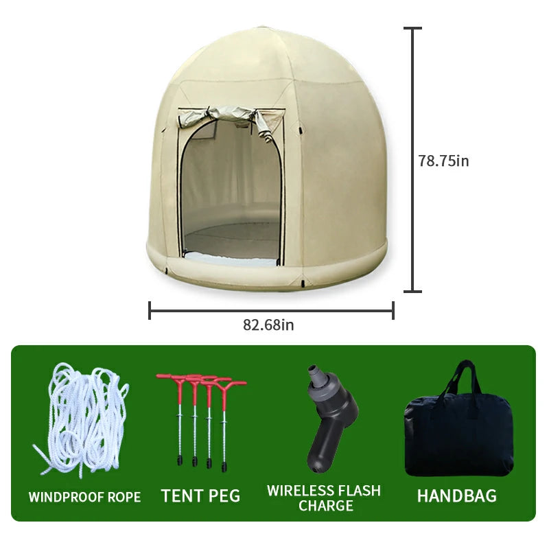 Portable inflatable tent dimensions and components including windproof rope and tent pegs.