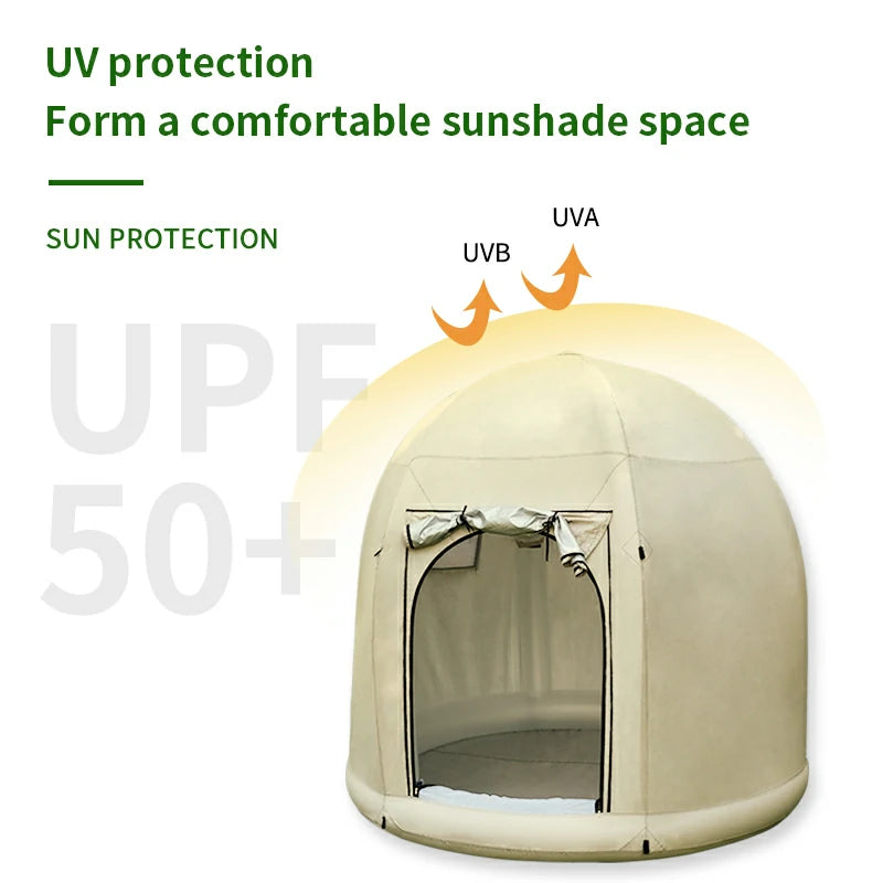 Inflatable tent with UPF 50+ UV protection.
