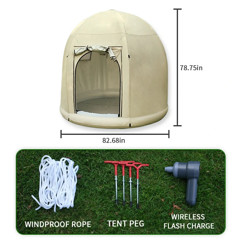 Halrove inflatable air tent for outdoor camping. Dimensions and components of the portable inflatable tent.