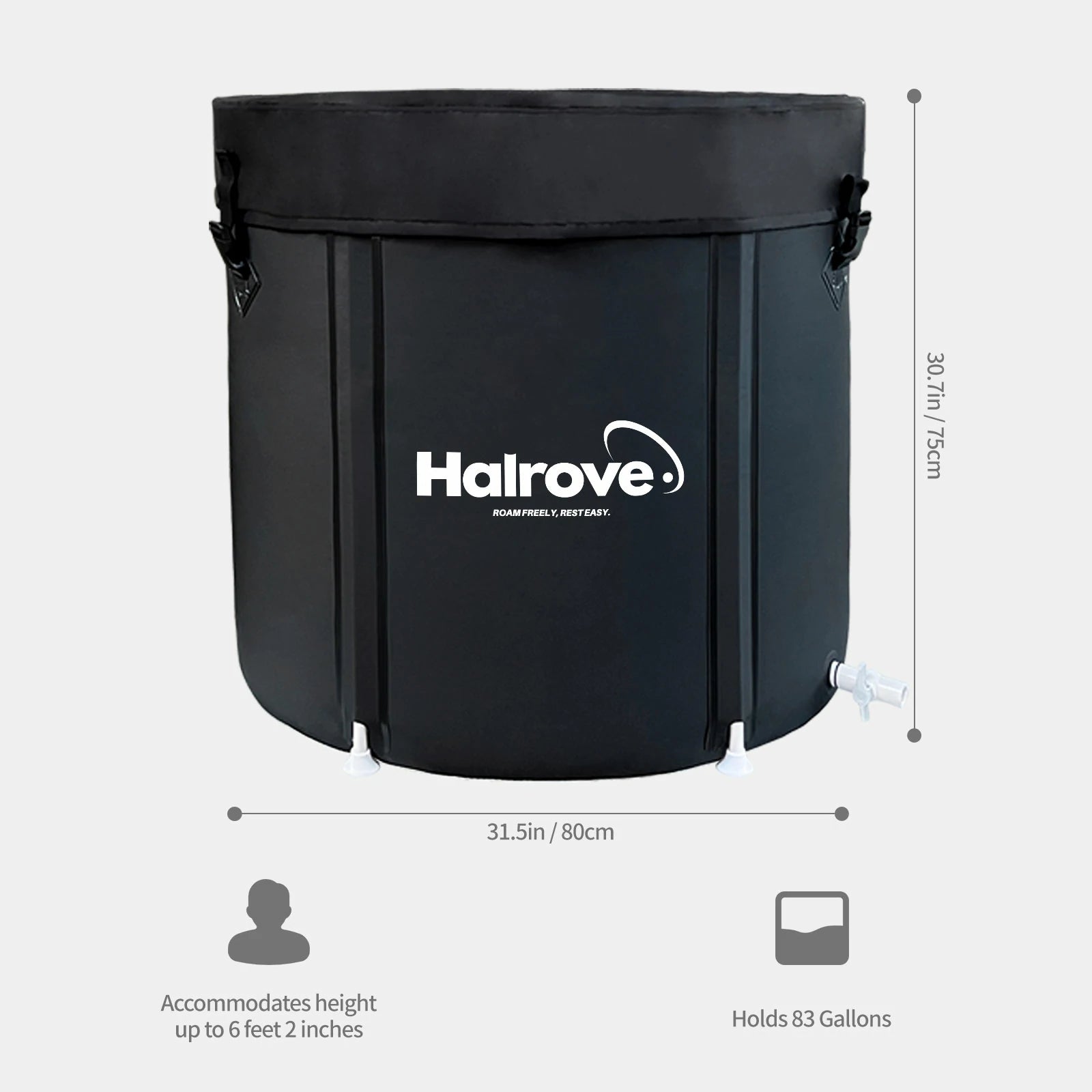 Dimensions of Halrove ice bath tub with a capacity of 83 gallons, ideal for cold water therapy and fitting users up to 6 feet 2 inches.