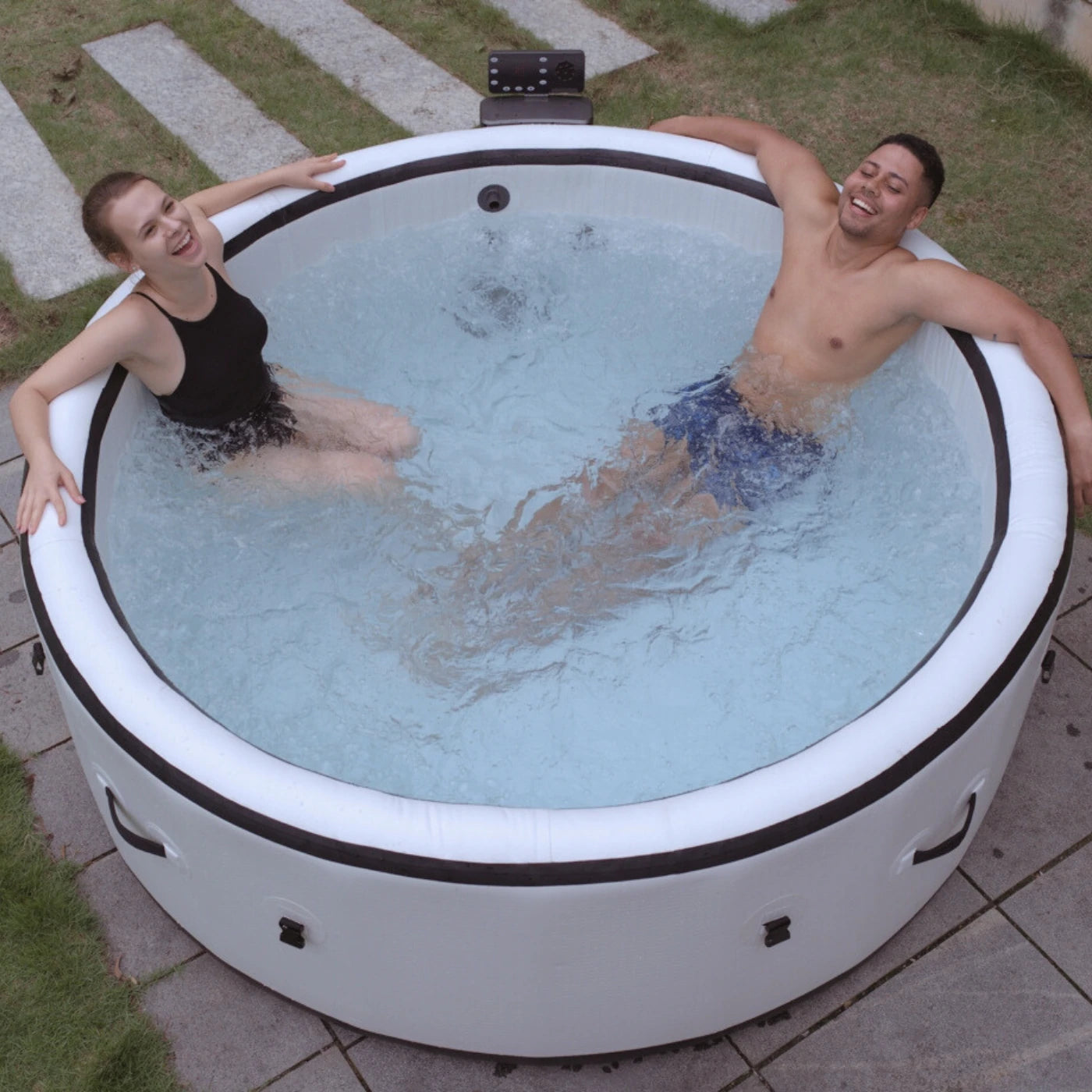 Halrove inflatable ice bath tub in backyard for ultimate outdoor relaxation and rejuvenation. 