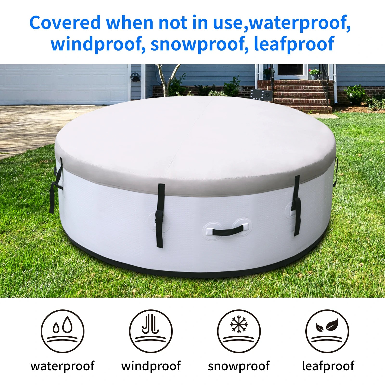 Inflatable outdoor hot tub with cover, demonstrating its waterproof, windproof, snowproof, and leafproof features. Ideal for backyard use, protecting the spa pool from the elements.