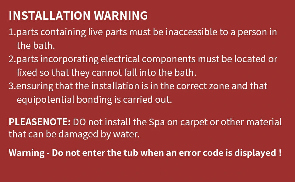 Installation warning for the inflatable hot tub, highlighting safety precautions for using this outdoor spa pool, including electrical safety and proper setup instructions.