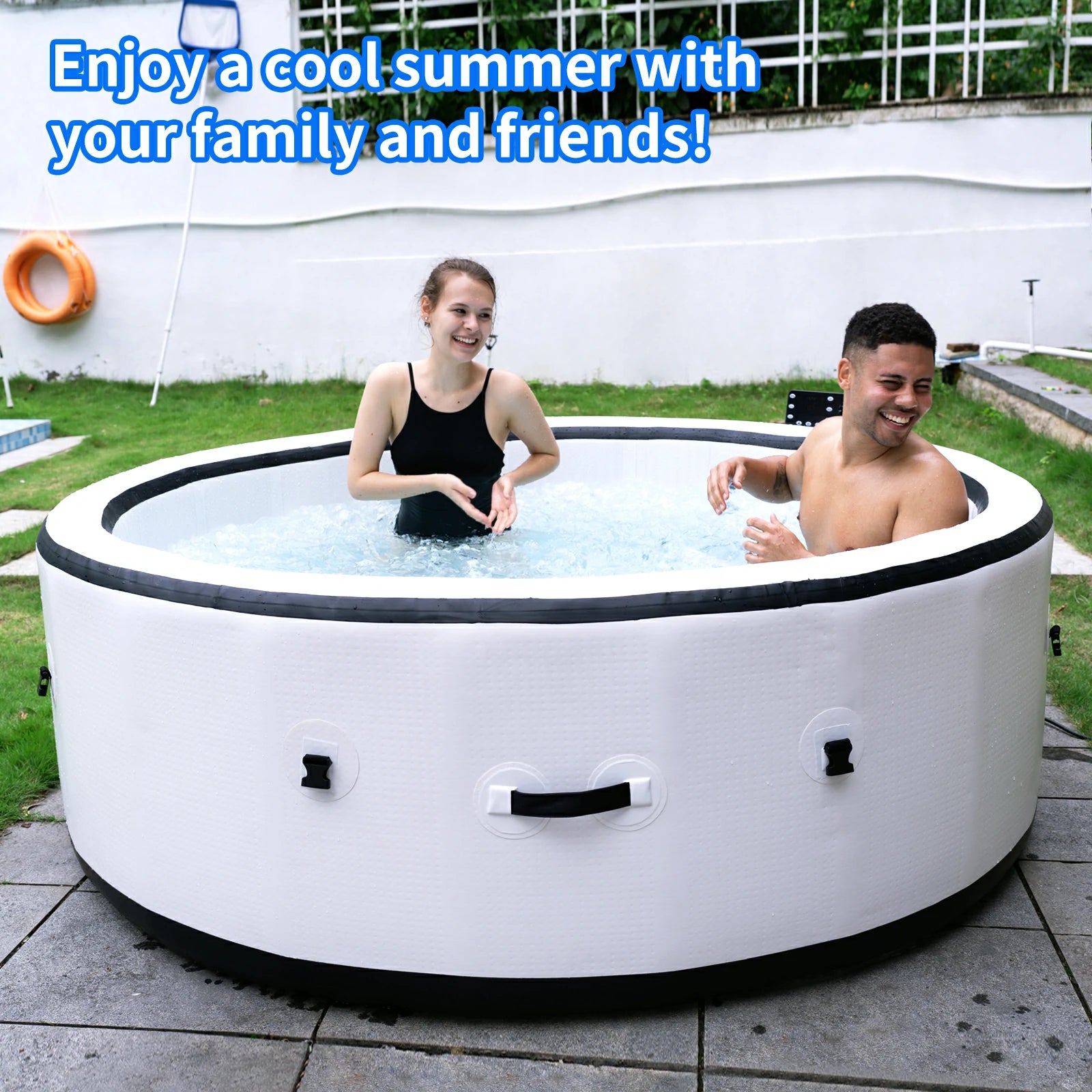 Two people enjoying a cool summer day in an inflatable hot tub, showcasing the spa pool's capacity to provide comfort and fun for family and friends.