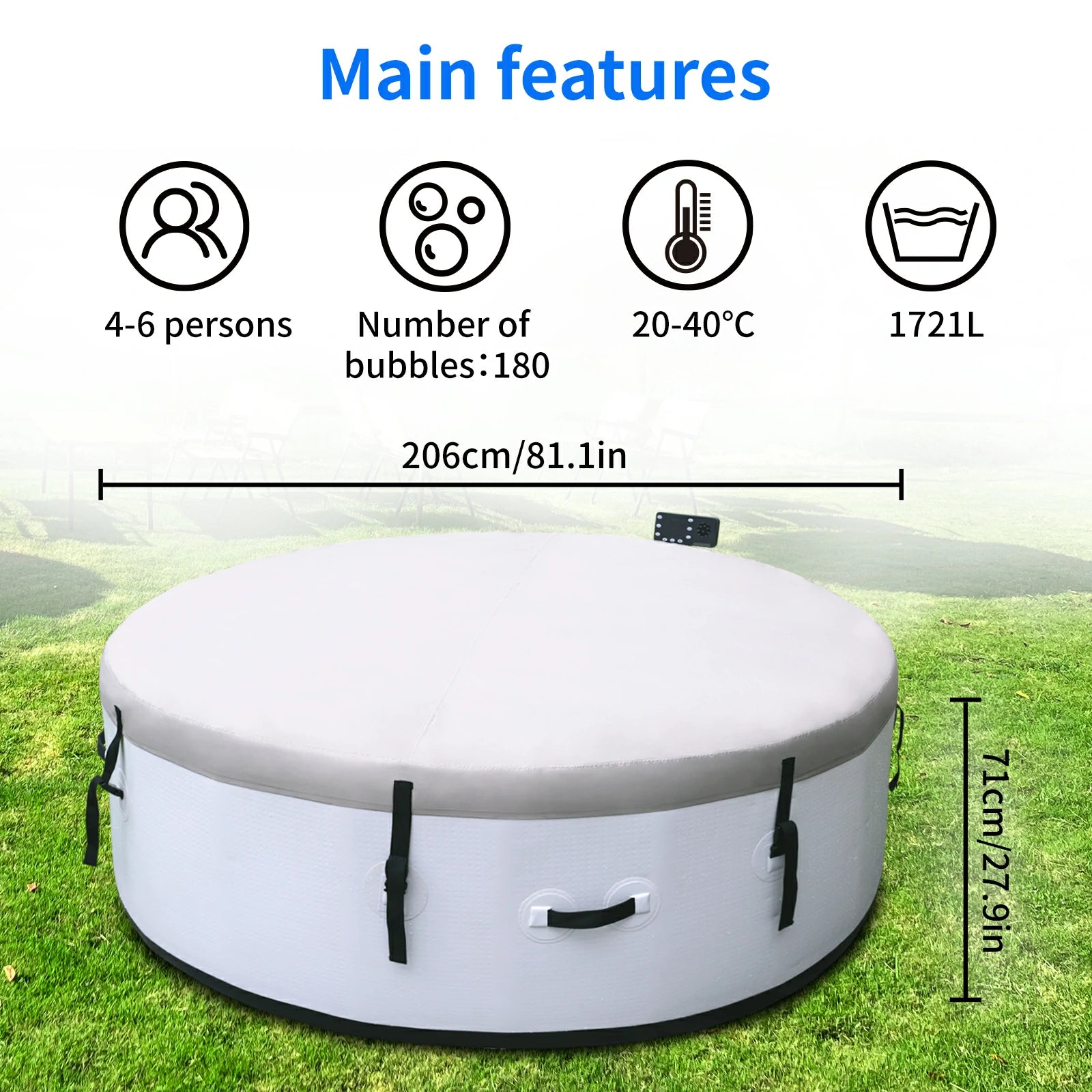 Main features of an inflatable spa pool, including a capacity for 4-6 people, 180 bubble jets, and a 1721L water capacity. Ideal for outdoor use in backyards and gardens.