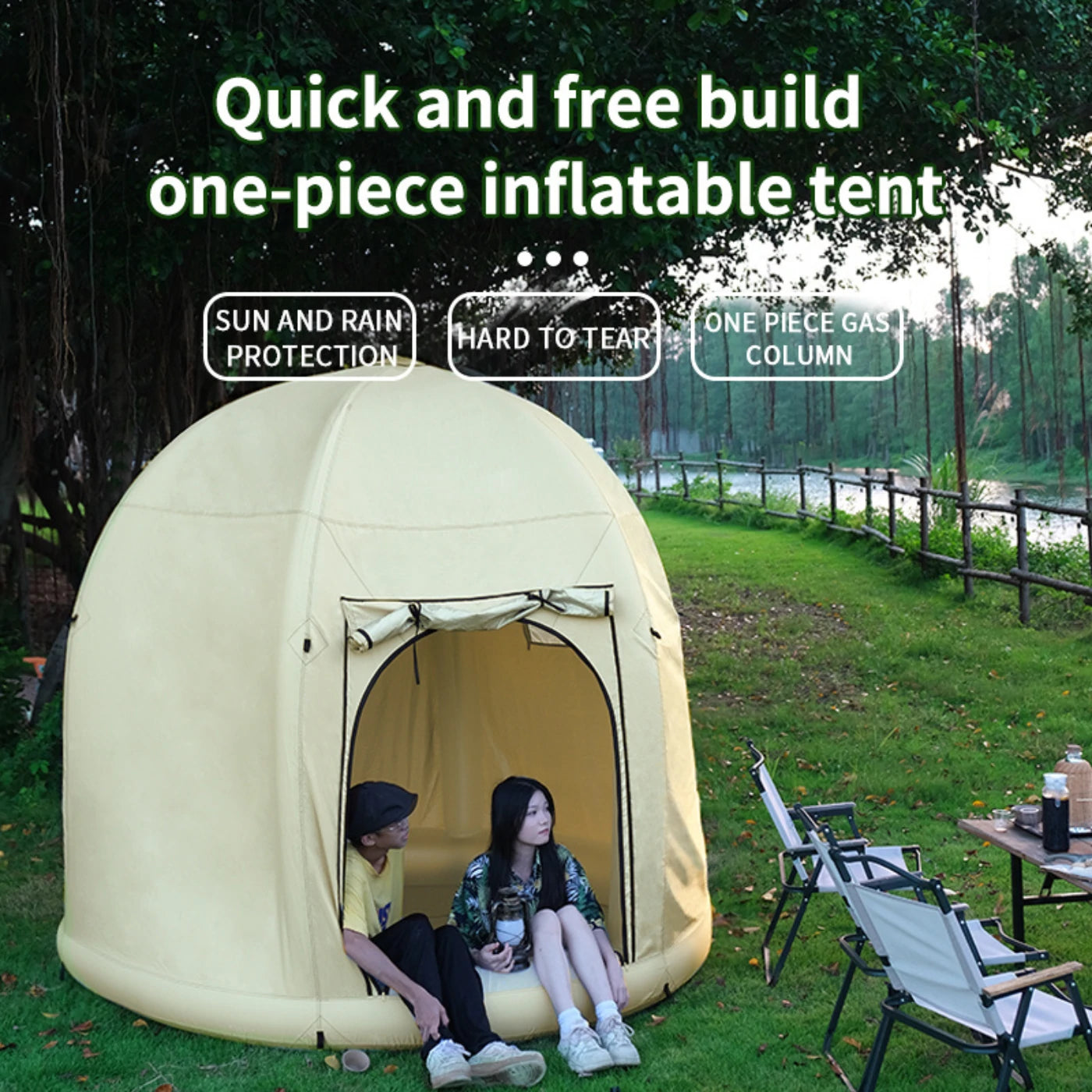 One-Piece Inflatable Tent, designed for quick and easy assembly, providing sun and rain protection while being tough and durable.