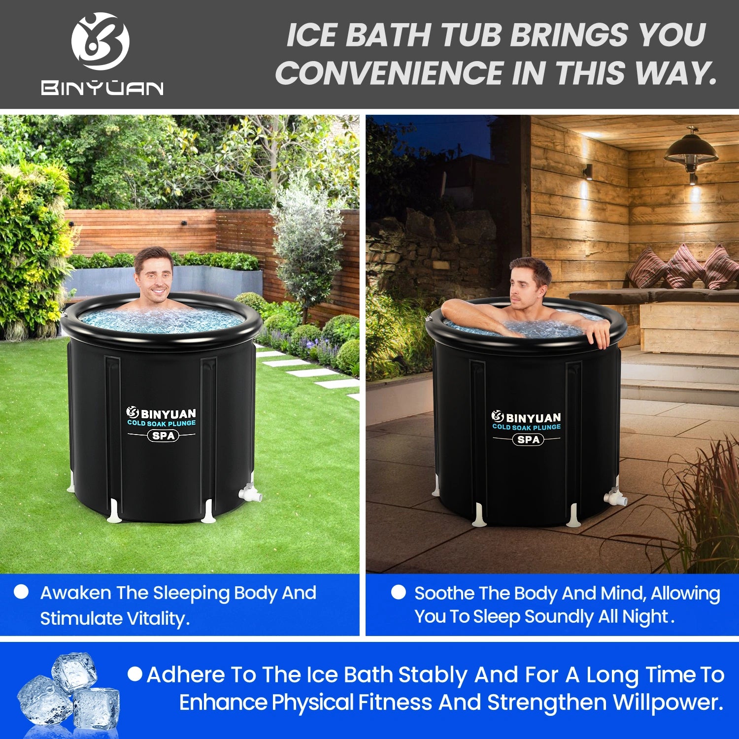 Versatile cold plunge tub for daytime revitalization and nighttime relaxation. Stimulates vitality and promotes better sleep, suitable for outdoor and indoor use.