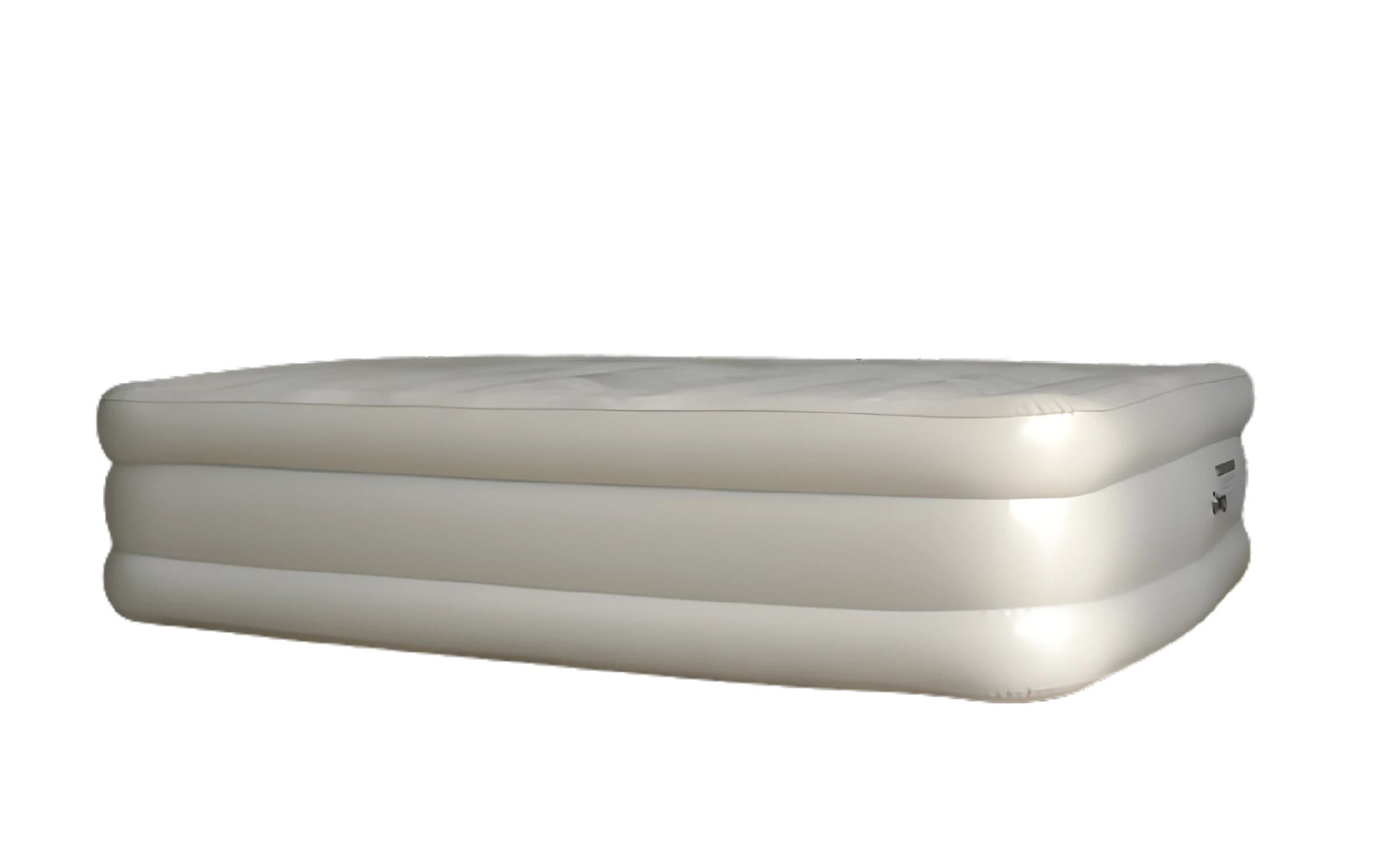 Compact and folded queen size inflatable air mattress, emphasizing its portability for camping and travel.