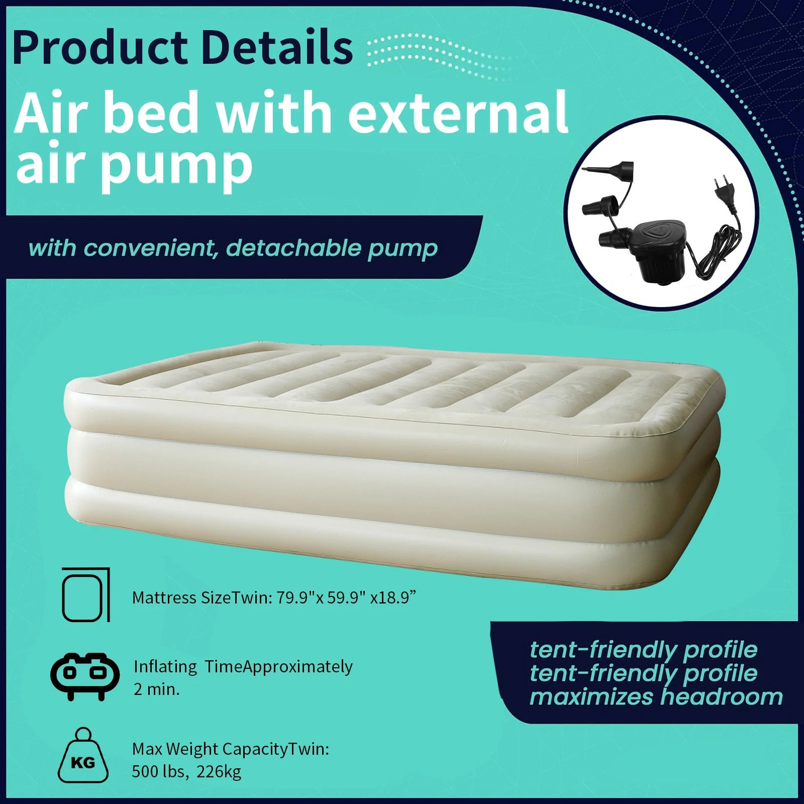 Product details of the queen size inflatable air mattress with built-in pump, showcasing its features and benefits.