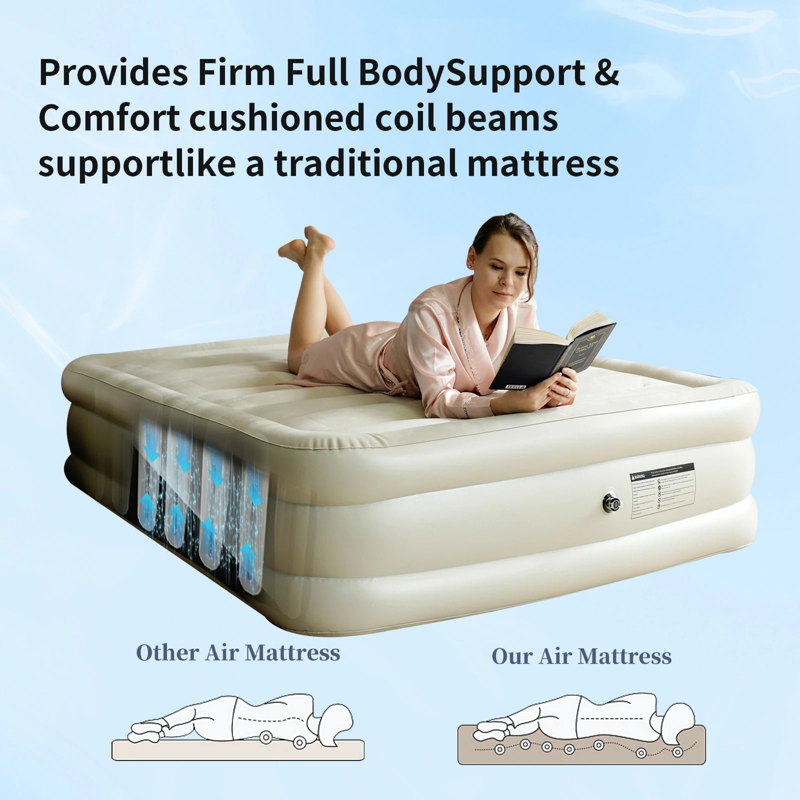 Queen size inflatable air mattress with full-body support, ideal for both camping and home use.