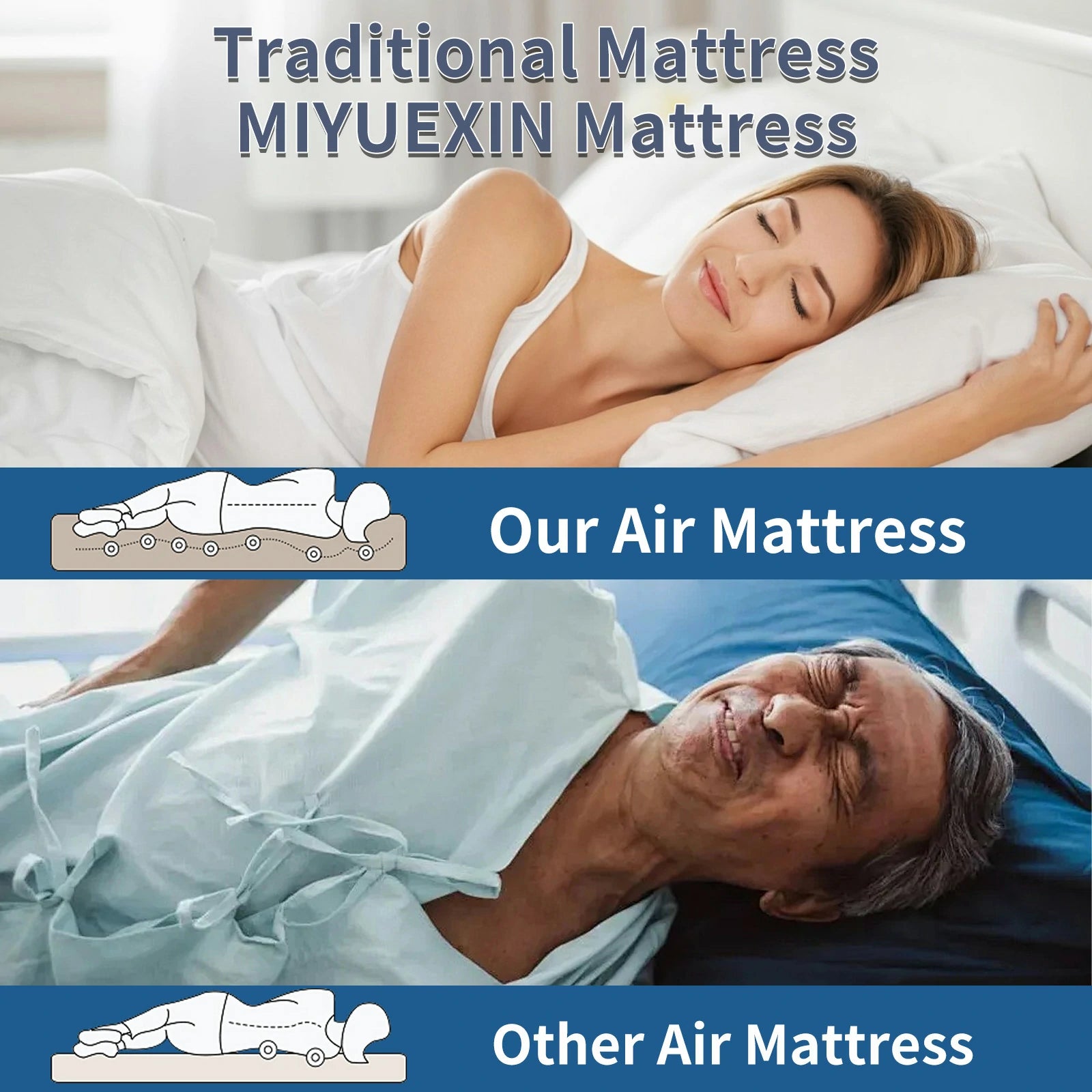 Queen size inflatable air mattress comparison with traditional mattress, emphasizing superior comfort and support.