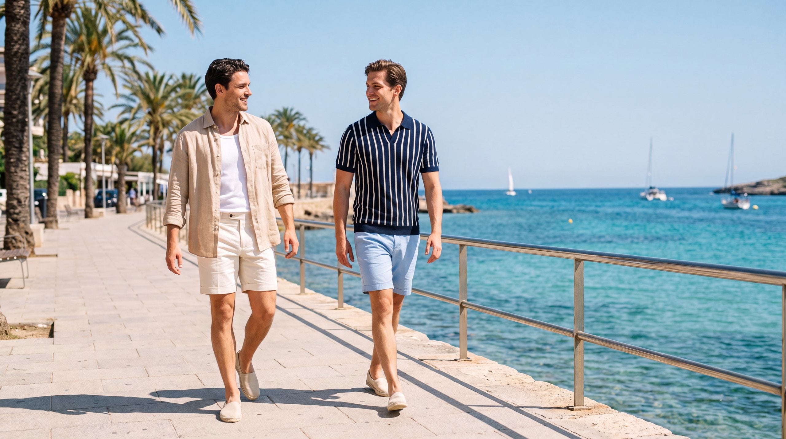 Two men in summer menswear on a coastal promenade