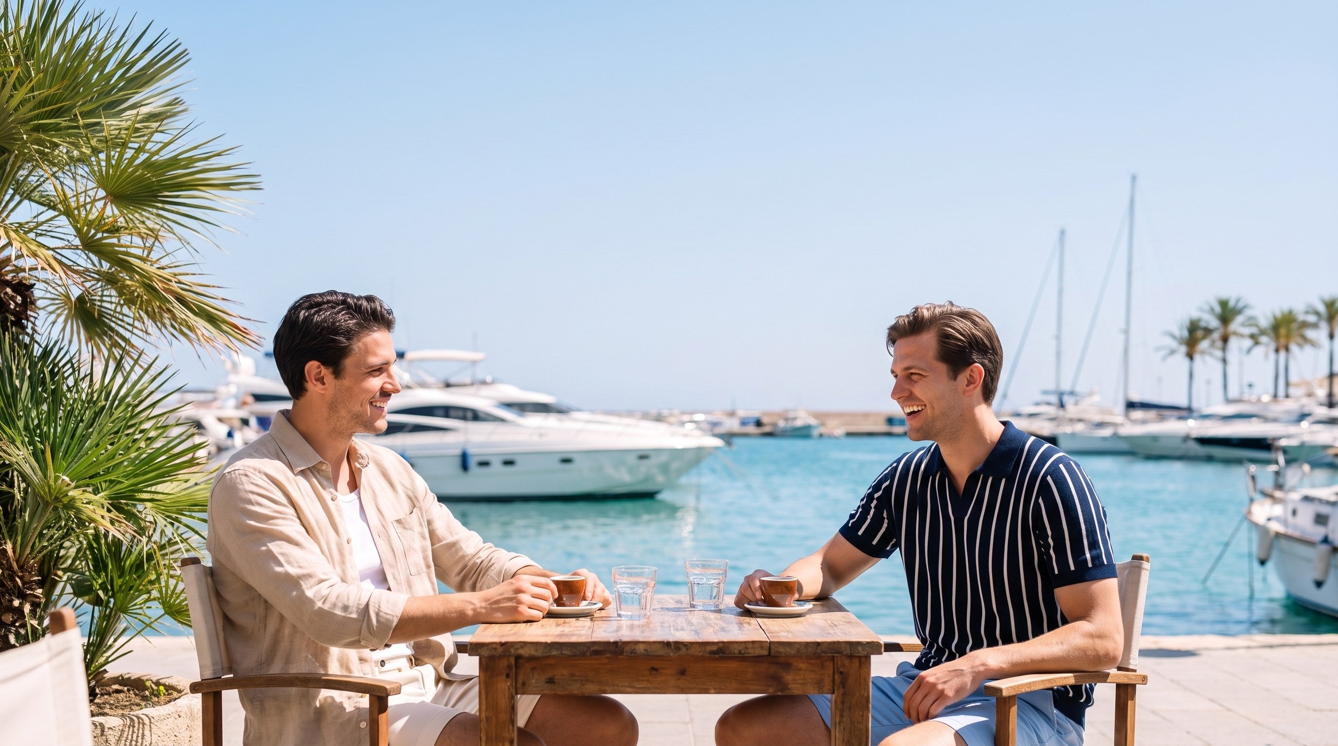 Men in summer menswear at a seaside marina cafe