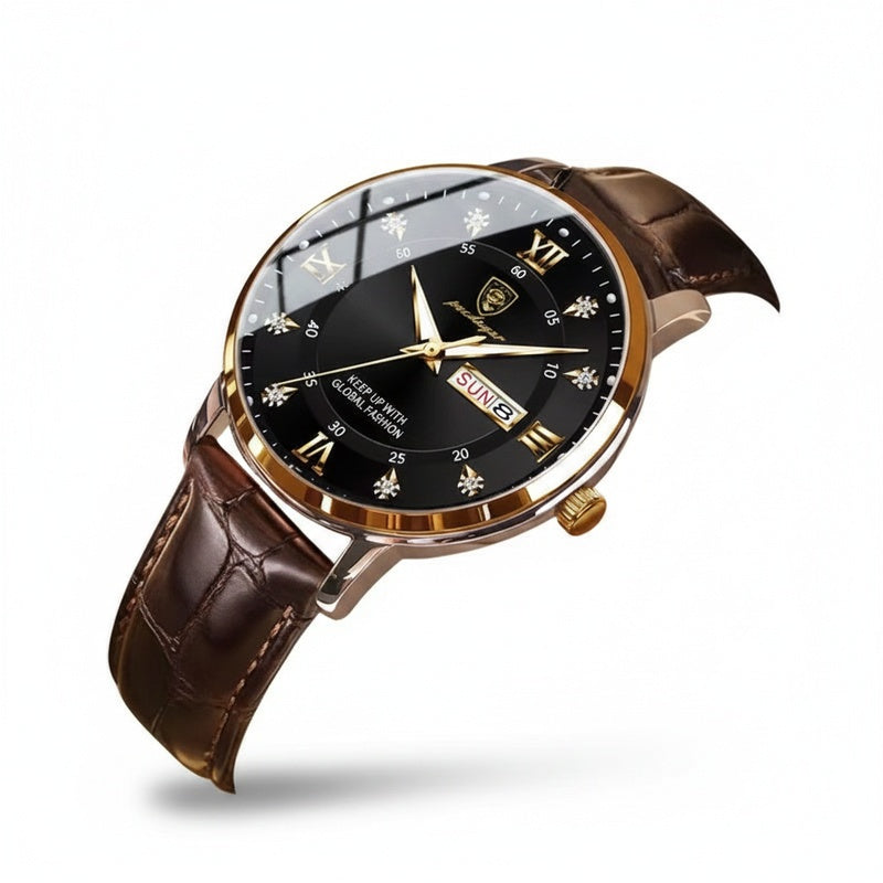 Men's Analog Watch with Day-Date Display and Luminous Hands