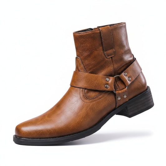 Men's Ankle Boots with Harness Strap, Studs and Side Zip