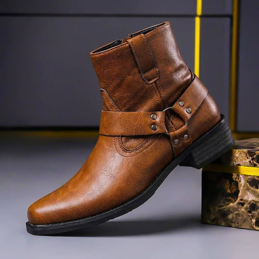 Men's Ankle Boots with Harness Strap, Studs and Side Zip